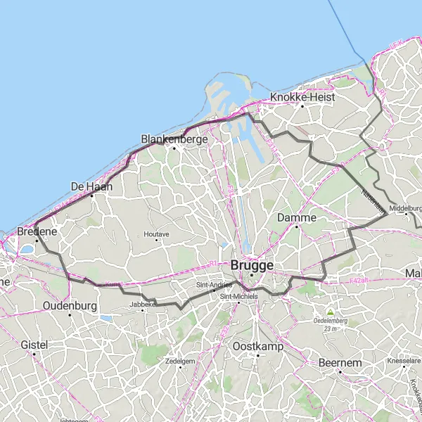 Miniature de la carte de l'inspiration cycliste "De Bredene à Plassendale" dans la Prov. West-Vlaanderen, Belgium. Générée par le planificateur d'itinéraire cycliste Tarmacs.app