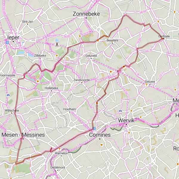 Miniature de la carte de l'inspiration cycliste "Aventure sur les sentiers de gravel de Wijtschate" dans la Prov. West-Vlaanderen, Belgium. Générée par le planificateur d'itinéraire cycliste Tarmacs.app