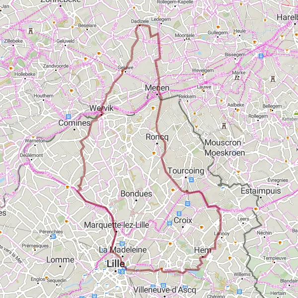 Miniature de la carte de l'inspiration cycliste "Tour unique vers Menen et Château de Flers en gravel" dans la Prov. West-Vlaanderen, Belgium. Générée par le planificateur d'itinéraire cycliste Tarmacs.app