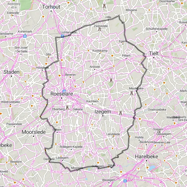 Karten-Miniaturansicht der Radinspiration "Belgisches Straßenradsportabenteuer" in Prov. West-Vlaanderen, Belgium. Erstellt vom Tarmacs.app-Routenplaner für Radtouren