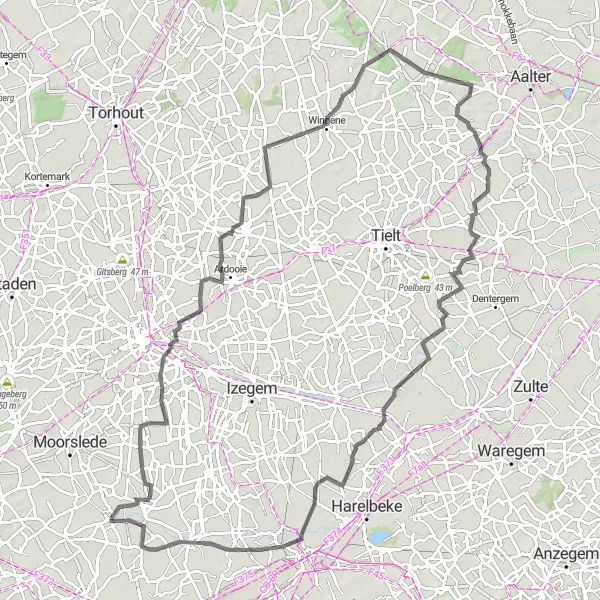 Karten-Miniaturansicht der Radinspiration "Rundfahrt ab Dadizele" in Prov. West-Vlaanderen, Belgium. Erstellt vom Tarmacs.app-Routenplaner für Radtouren