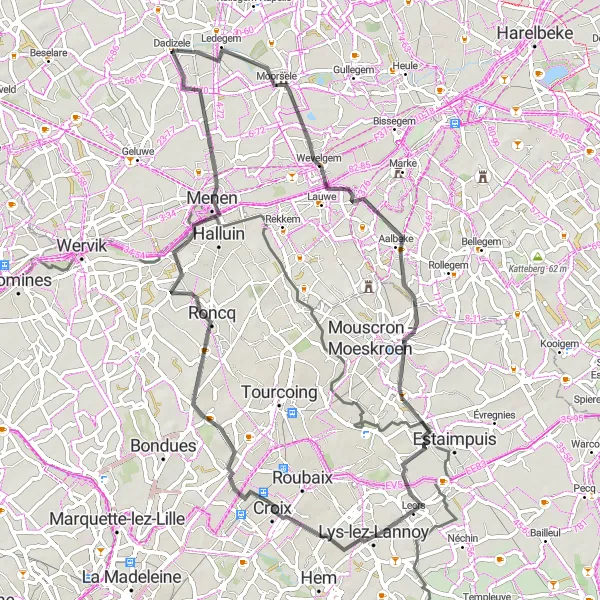 Miniatuurkaart van de fietsinspiratie "Wevelgem naar Menen Fietsroute" in Prov. West-Vlaanderen, Belgium. Gemaakt door de Tarmacs.app fietsrouteplanner