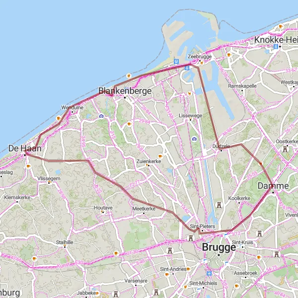 Map miniature of "Gravel Route: Damme to Zeebrugge" cycling inspiration in Prov. West-Vlaanderen, Belgium. Generated by Tarmacs.app cycling route planner