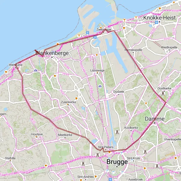 Miniatuurkaart van de fietsinspiratie "Gravelroute Damme - Kasteel van Oostkerke" in Prov. West-Vlaanderen, Belgium. Gemaakt door de Tarmacs.app fietsrouteplanner
