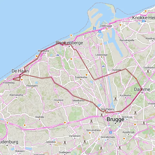 Miniature de la carte de l'inspiration cycliste "Circuit du Gravel de Damme à Blankenberge" dans la Prov. West-Vlaanderen, Belgium. Générée par le planificateur d'itinéraire cycliste Tarmacs.app