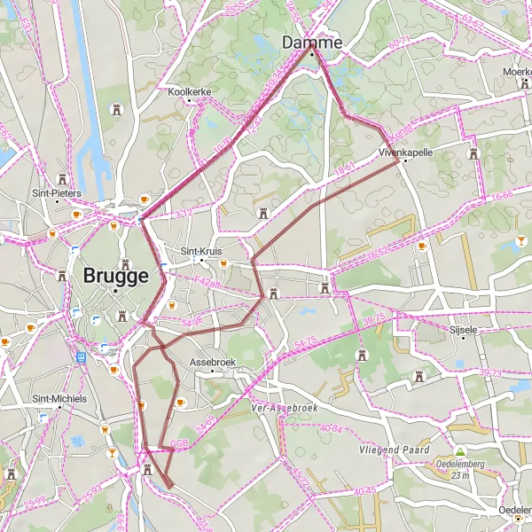 Miniature de la carte de l'inspiration cycliste "Itinéraire Gravel de Bruges à Damme" dans la Prov. West-Vlaanderen, Belgium. Générée par le planificateur d'itinéraire cycliste Tarmacs.app