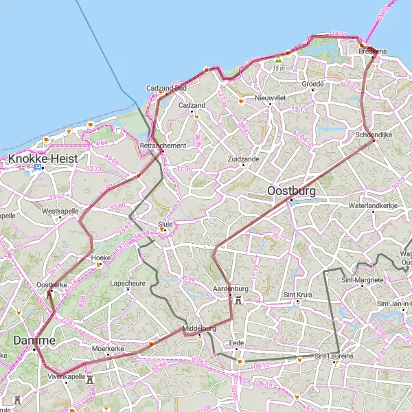 Miniatuurkaart van de fietsinspiratie "Gravel route rond Damme" in Prov. West-Vlaanderen, Belgium. Gemaakt door de Tarmacs.app fietsrouteplanner