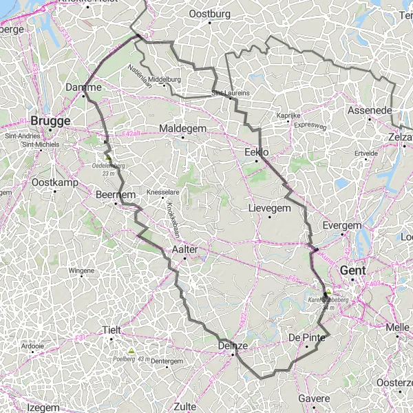 Miniature de la carte de l'inspiration cycliste "Boucle Epic de Damme à Beernem" dans la Prov. West-Vlaanderen, Belgium. Générée par le planificateur d'itinéraire cycliste Tarmacs.app