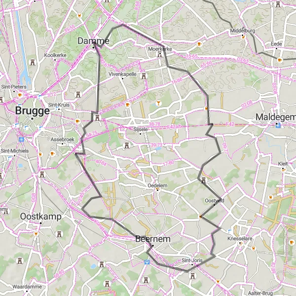 Map miniature of "Moerkerke Round Trip" cycling inspiration in Prov. West-Vlaanderen, Belgium. Generated by Tarmacs.app cycling route planner