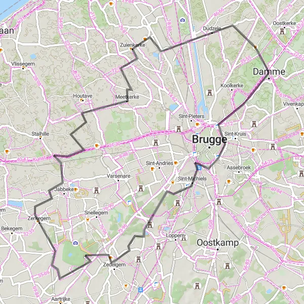 Miniatuurkaart van de fietsinspiratie "Historische Brugge en pittoresk Damme" in Prov. West-Vlaanderen, Belgium. Gemaakt door de Tarmacs.app fietsrouteplanner