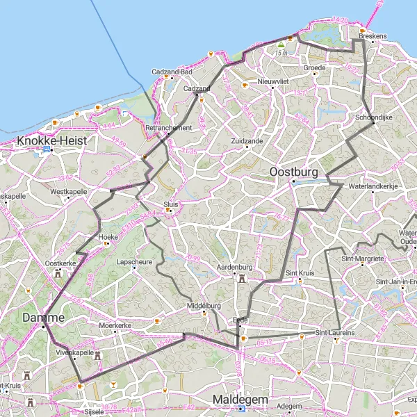 Map miniature of "Road Route: Damme to Vivenkapelle" cycling inspiration in Prov. West-Vlaanderen, Belgium. Generated by Tarmacs.app cycling route planner