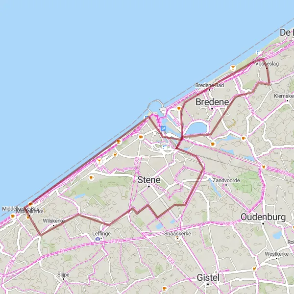 Miniatuurkaart van de fietsinspiratie "Uitdagende gravelroute langs de kust" in Prov. West-Vlaanderen, Belgium. Gemaakt door de Tarmacs.app fietsrouteplanner