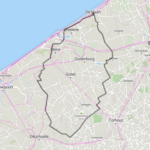 Map miniature of "Coastal Delight" cycling inspiration in Prov. West-Vlaanderen, Belgium. Generated by Tarmacs.app cycling route planner