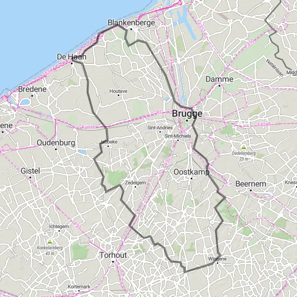 Miniatuurkaart van de fietsinspiratie "Route vanuit De Haan naar Vlissegem en Wenduine" in Prov. West-Vlaanderen, Belgium. Gemaakt door de Tarmacs.app fietsrouteplanner