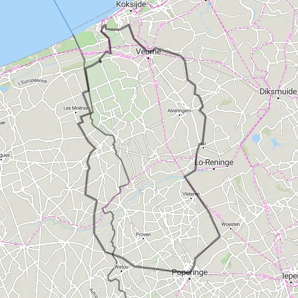 Miniatuurkaart van de fietsinspiratie "Historische Tour door West-Vlaanderen" in Prov. West-Vlaanderen, Belgium. Gemaakt door de Tarmacs.app fietsrouteplanner