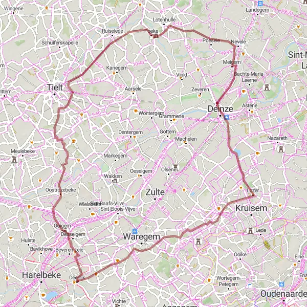 Karten-Miniaturansicht der Radinspiration "Gravelabenteuer um Deerlijk" in Prov. West-Vlaanderen, Belgium. Erstellt vom Tarmacs.app-Routenplaner für Radtouren