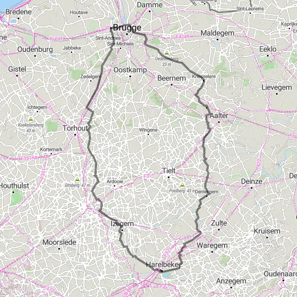 Karten-Miniaturansicht der Radinspiration "Rundfahrt von Deerlijk nach Knesselare und zurück" in Prov. West-Vlaanderen, Belgium. Erstellt vom Tarmacs.app-Routenplaner für Radtouren