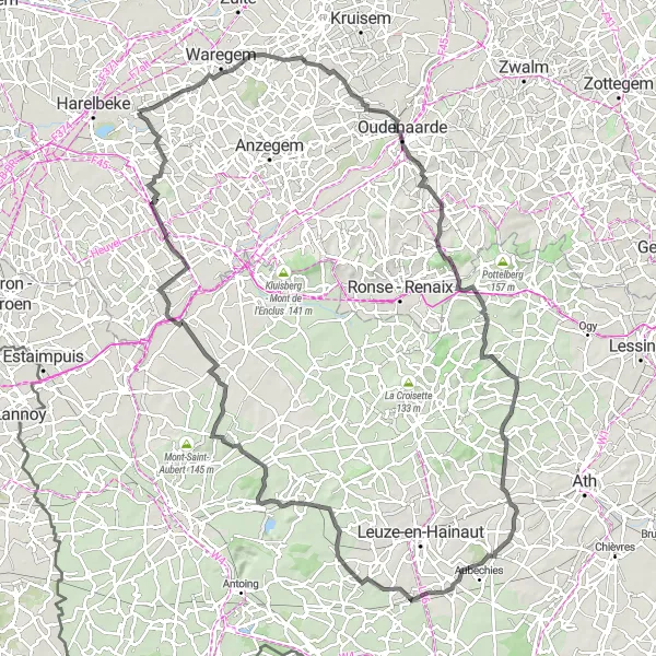 Karten-Miniaturansicht der Radinspiration "Rundfahrt von Deerlijk nach Ellezelles und zurück" in Prov. West-Vlaanderen, Belgium. Erstellt vom Tarmacs.app-Routenplaner für Radtouren