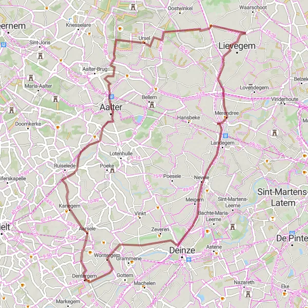 Miniatuurkaart van de fietsinspiratie "Avontuurlijke graveltocht vanuit Dentergem" in Prov. West-Vlaanderen, Belgium. Gemaakt door de Tarmacs.app fietsrouteplanner