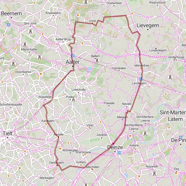 Karten-Miniaturansicht der Radinspiration "Gravel-Abenteuer von Aarsele nach Dentergem" in Prov. West-Vlaanderen, Belgium. Erstellt vom Tarmacs.app-Routenplaner für Radtouren