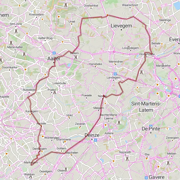 Map miniature of "Aarsele to Markegem" cycling inspiration in Prov. West-Vlaanderen, Belgium. Generated by Tarmacs.app cycling route planner