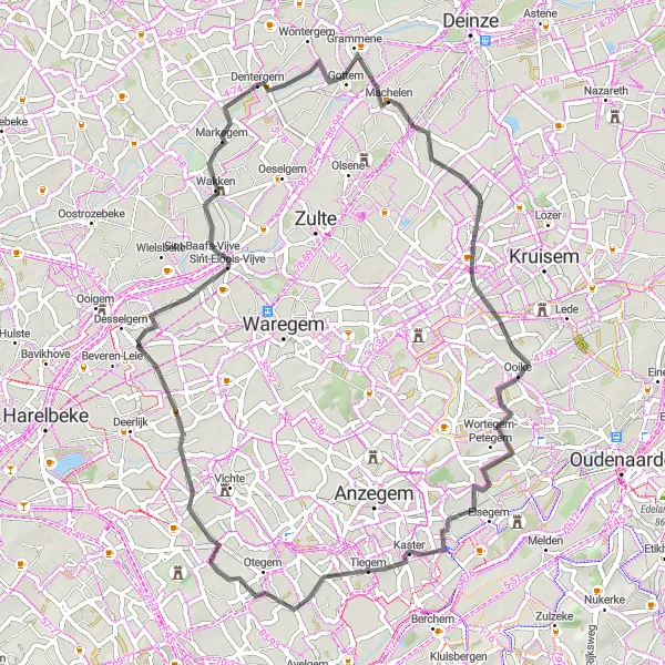 Miniatuurkaart van de fietsinspiratie "Verkenningstocht op de weg vanuit Dentergem" in Prov. West-Vlaanderen, Belgium. Gemaakt door de Tarmacs.app fietsrouteplanner