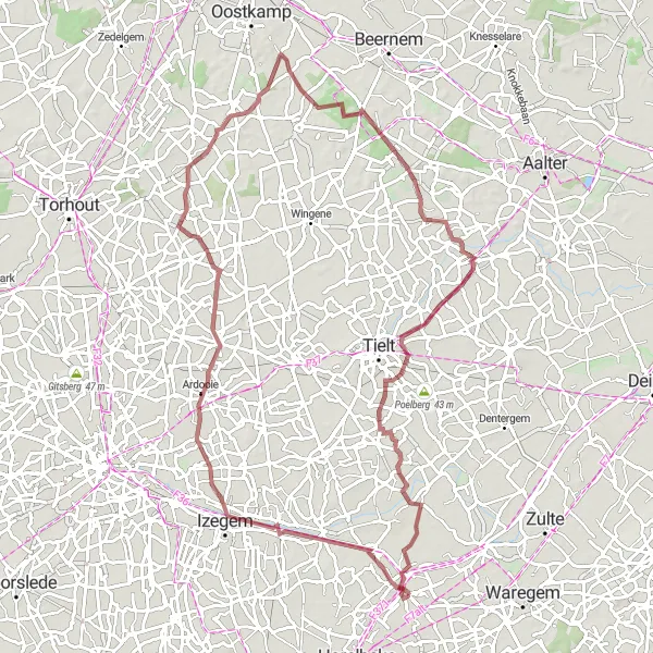 Map miniature of "Gravel Adventure" cycling inspiration in Prov. West-Vlaanderen, Belgium. Generated by Tarmacs.app cycling route planner