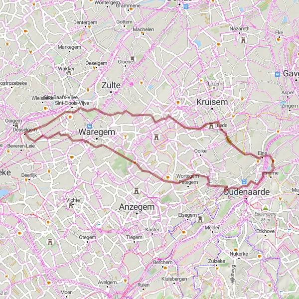 Map miniature of "Sint-Eloois-Vijve - Tjammelberg Gravel Route" cycling inspiration in Prov. West-Vlaanderen, Belgium. Generated by Tarmacs.app cycling route planner