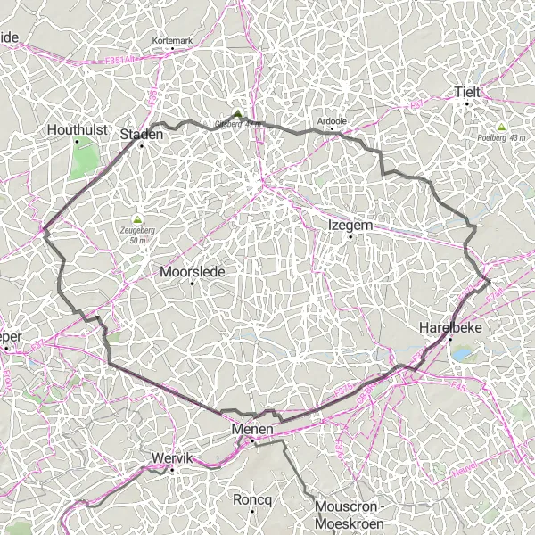 Map miniature of "The Leie Loop" cycling inspiration in Prov. West-Vlaanderen, Belgium. Generated by Tarmacs.app cycling route planner