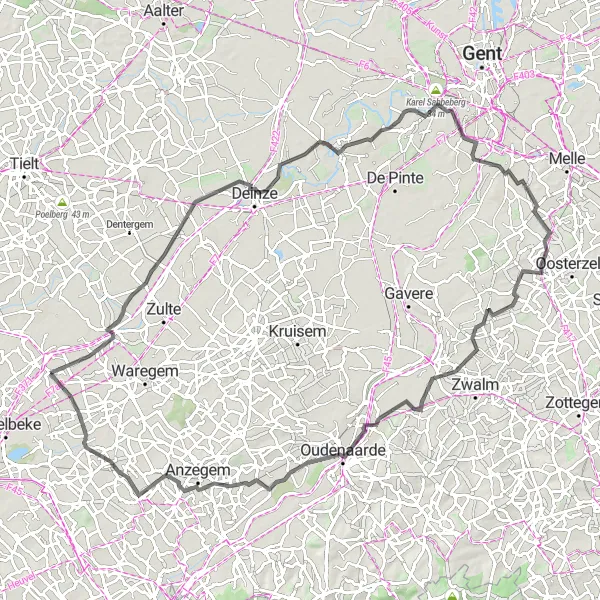 Miniatuurkaart van de fietsinspiratie "Desselgem - Oeselgem - Moortsele - Paulatem - Elsegem - Tiegemberg" in Prov. West-Vlaanderen, Belgium. Gemaakt door de Tarmacs.app fietsrouteplanner