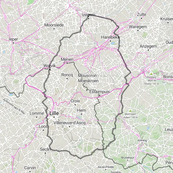 Miniatuurkaart van de fietsinspiratie "Desselgem - Statiewijk - Obigies - Faubourg de Béthune - Ooigem" in Prov. West-Vlaanderen, Belgium. Gemaakt door de Tarmacs.app fietsrouteplanner