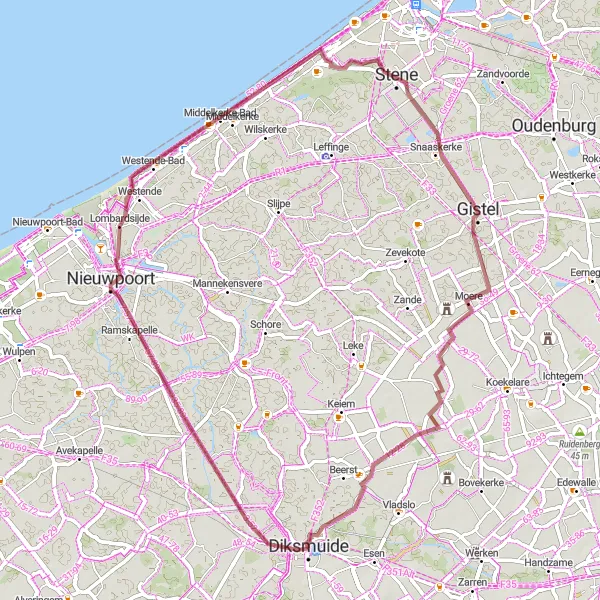 Miniatuurkaart van de fietsinspiratie "Fietsen langs historische locaties in de omgeving van Diksmuide" in Prov. West-Vlaanderen, Belgium. Gemaakt door de Tarmacs.app fietsrouteplanner