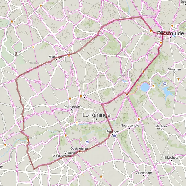 Map miniature of "Gravel Route around Diksmuide" cycling inspiration in Prov. West-Vlaanderen, Belgium. Generated by Tarmacs.app cycling route planner