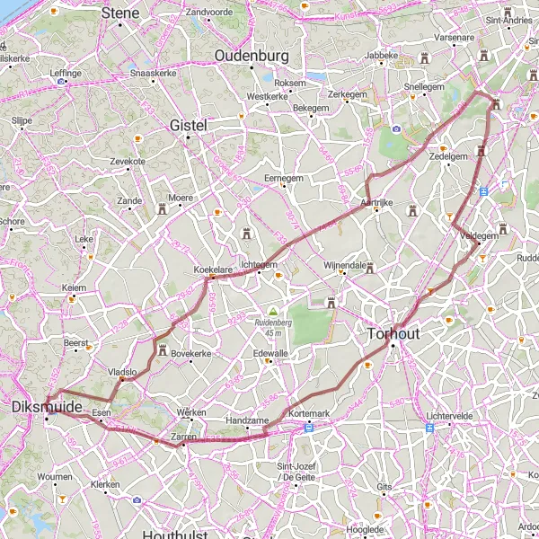 Karten-Miniaturansicht der Radinspiration "Erkundungstour durch die Umgebung von Diksmuide" in Prov. West-Vlaanderen, Belgium. Erstellt vom Tarmacs.app-Routenplaner für Radtouren
