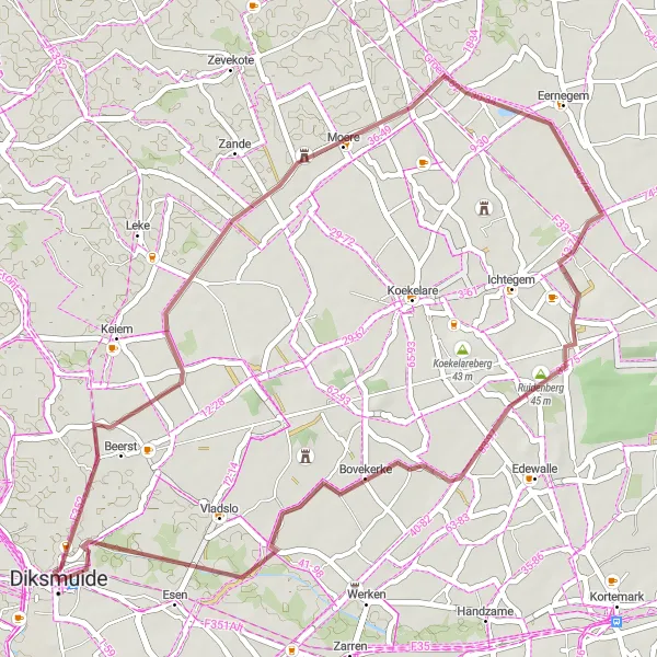 Miniatuurkaart van de fietsinspiratie "Korte gravelrit rond Diksmuide" in Prov. West-Vlaanderen, Belgium. Gemaakt door de Tarmacs.app fietsrouteplanner
