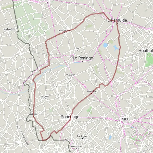 Miniatuurkaart van de fietsinspiratie "Avontuurlijke fietstocht naar Diksmuide" in Prov. West-Vlaanderen, Belgium. Gemaakt door de Tarmacs.app fietsrouteplanner