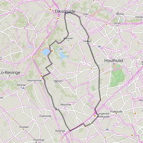 Miniatuurkaart van de fietsinspiratie "Korte fietstocht van Diksmuide naar Woumen" in Prov. West-Vlaanderen, Belgium. Gemaakt door de Tarmacs.app fietsrouteplanner