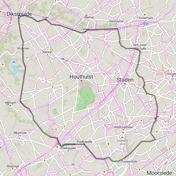 Karten-Miniaturansicht der Radinspiration "Kulturreiche Straßentour um Diksmuide" in Prov. West-Vlaanderen, Belgium. Erstellt vom Tarmacs.app-Routenplaner für Radtouren
