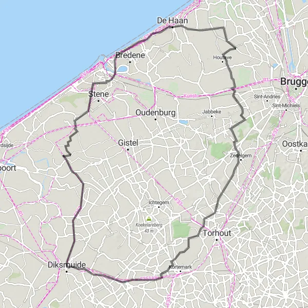 Map miniature of "Coastal Delights" cycling inspiration in Prov. West-Vlaanderen, Belgium. Generated by Tarmacs.app cycling route planner