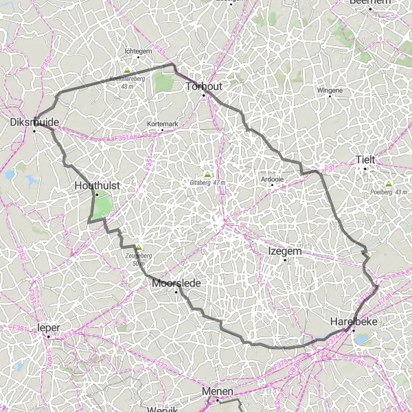 Miniatuurkaart van de fietsinspiratie "Ontdek West-Vlaanderen van Diksmuide naar Klerken" in Prov. West-Vlaanderen, Belgium. Gemaakt door de Tarmacs.app fietsrouteplanner