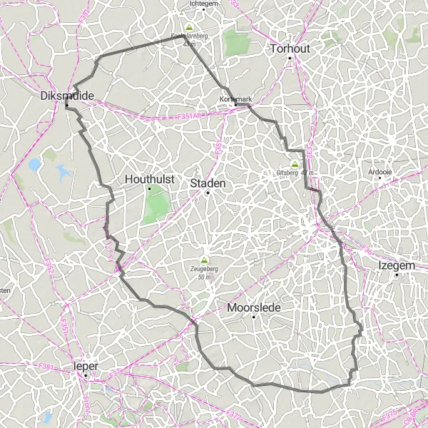 Miniature de la carte de l'inspiration cycliste "Circuit historique de Diksmuide" dans la Prov. West-Vlaanderen, Belgium. Générée par le planificateur d'itinéraire cycliste Tarmacs.app