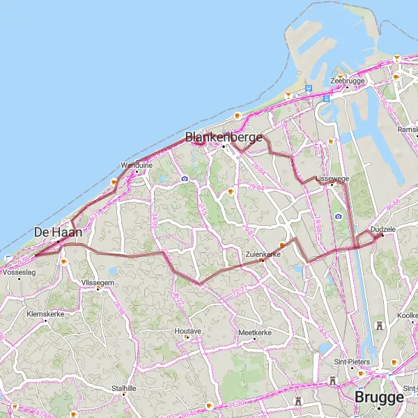 Miniatuurkaart van de fietsinspiratie "Gravelroute Zuienkerke-Dudzele" in Prov. West-Vlaanderen, Belgium. Gemaakt door de Tarmacs.app fietsrouteplanner