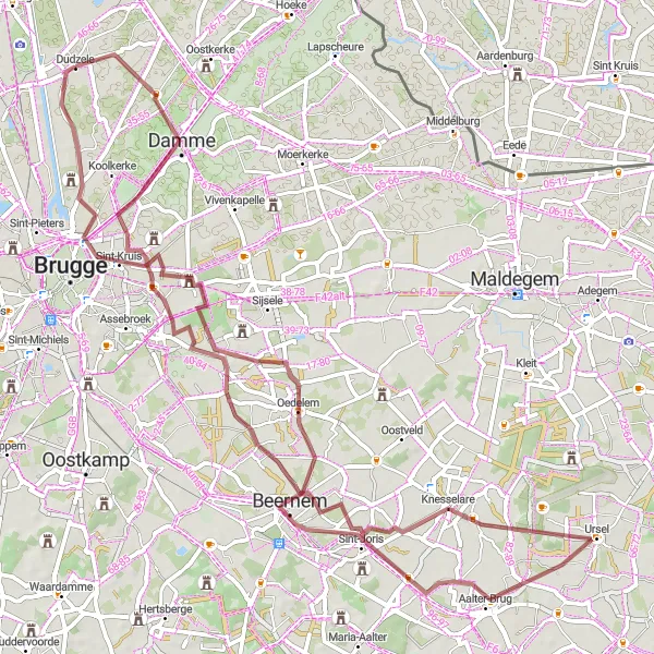 Map miniature of "Gravel Exploration of West-Vlaanderen" cycling inspiration in Prov. West-Vlaanderen, Belgium. Generated by Tarmacs.app cycling route planner