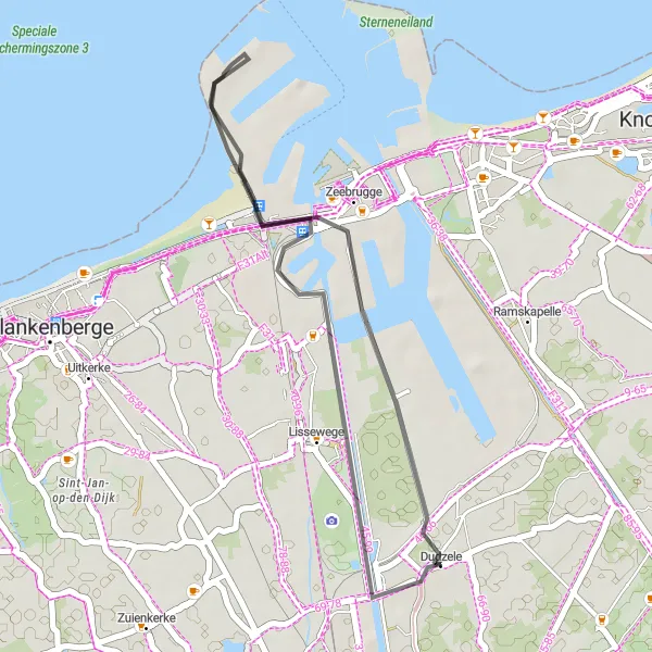 Miniature de la carte de l'inspiration cycliste "Parcours côtier de Zeebrugge à Dudzele" dans la Prov. West-Vlaanderen, Belgium. Générée par le planificateur d'itinéraire cycliste Tarmacs.app