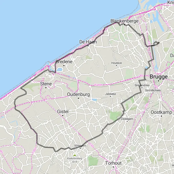 Miniatuurkaart van de fietsinspiratie "Wegroute naar Ostend" in Prov. West-Vlaanderen, Belgium. Gemaakt door de Tarmacs.app fietsrouteplanner