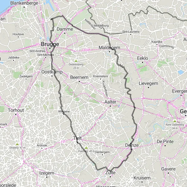 Map miniature of "Wingene Challenge" cycling inspiration in Prov. West-Vlaanderen, Belgium. Generated by Tarmacs.app cycling route planner