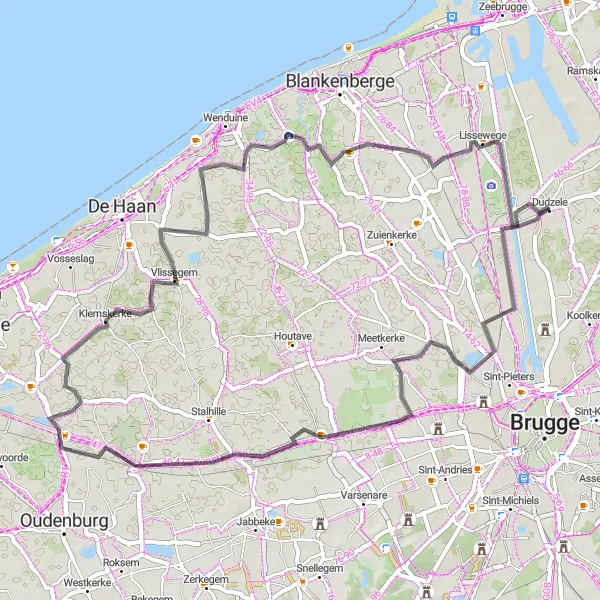 Miniatuurkaart van de fietsinspiratie "Historische dorpen en kustlandschappen" in Prov. West-Vlaanderen, Belgium. Gemaakt door de Tarmacs.app fietsrouteplanner