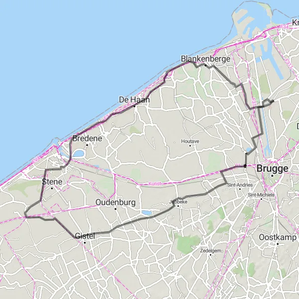 Karten-Miniaturansicht der Radinspiration "Straßenroute von Dudzele nach Vuurtoren" in Prov. West-Vlaanderen, Belgium. Erstellt vom Tarmacs.app-Routenplaner für Radtouren