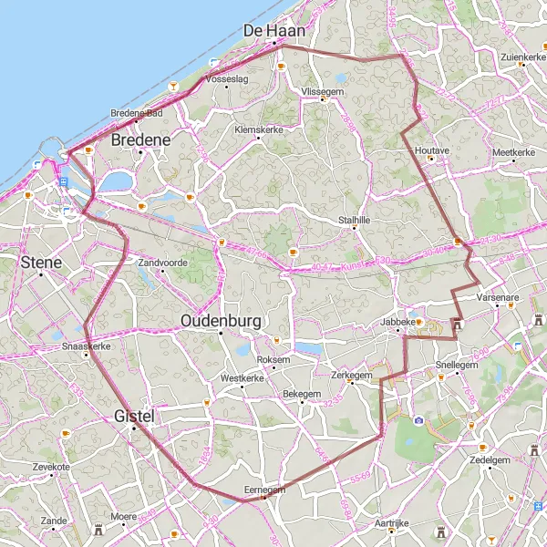 Miniatuurkaart van de fietsinspiratie "De Gravel Avontuurlijke Tocht" in Prov. West-Vlaanderen, Belgium. Gemaakt door de Tarmacs.app fietsrouteplanner