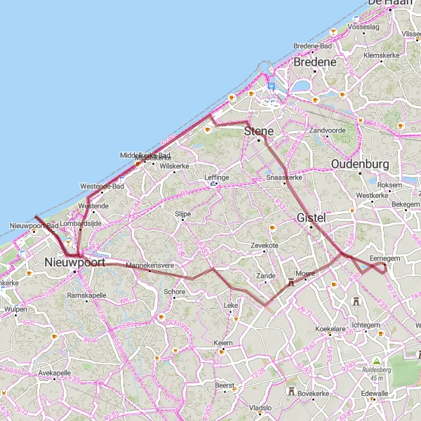 Karten-Miniaturansicht der Radinspiration "Gravel-Abenteuer von Eernegem nach Nieuwpoort" in Prov. West-Vlaanderen, Belgium. Erstellt vom Tarmacs.app-Routenplaner für Radtouren